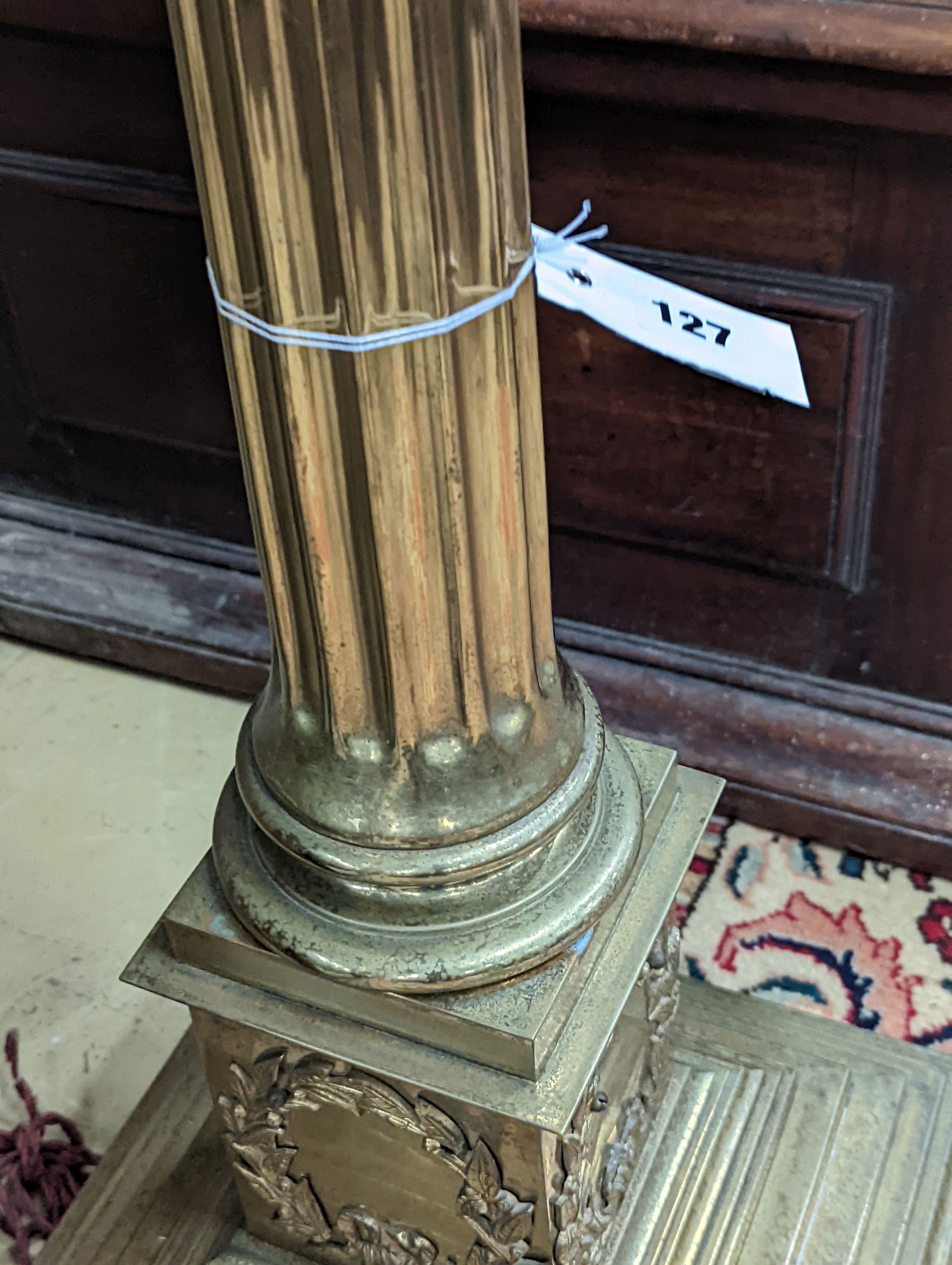 A late Victorian lacquered brass corinthian column oil lamp standard, converted to electricity, height excluding shade 144cm